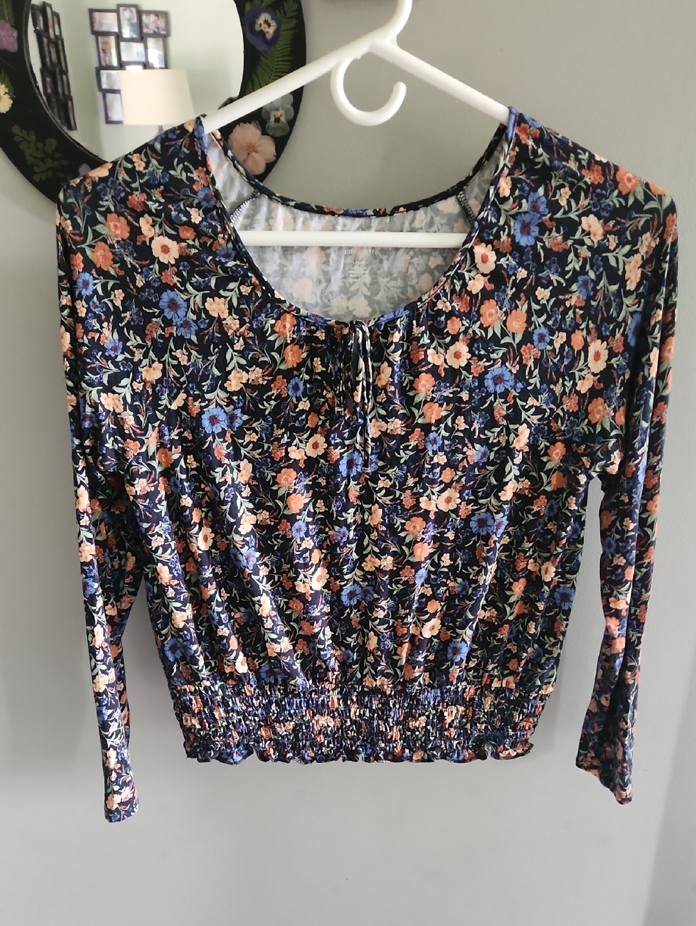 American Eagle Outfitters Navy Floral Smocked-Hem Long Sleeve Top